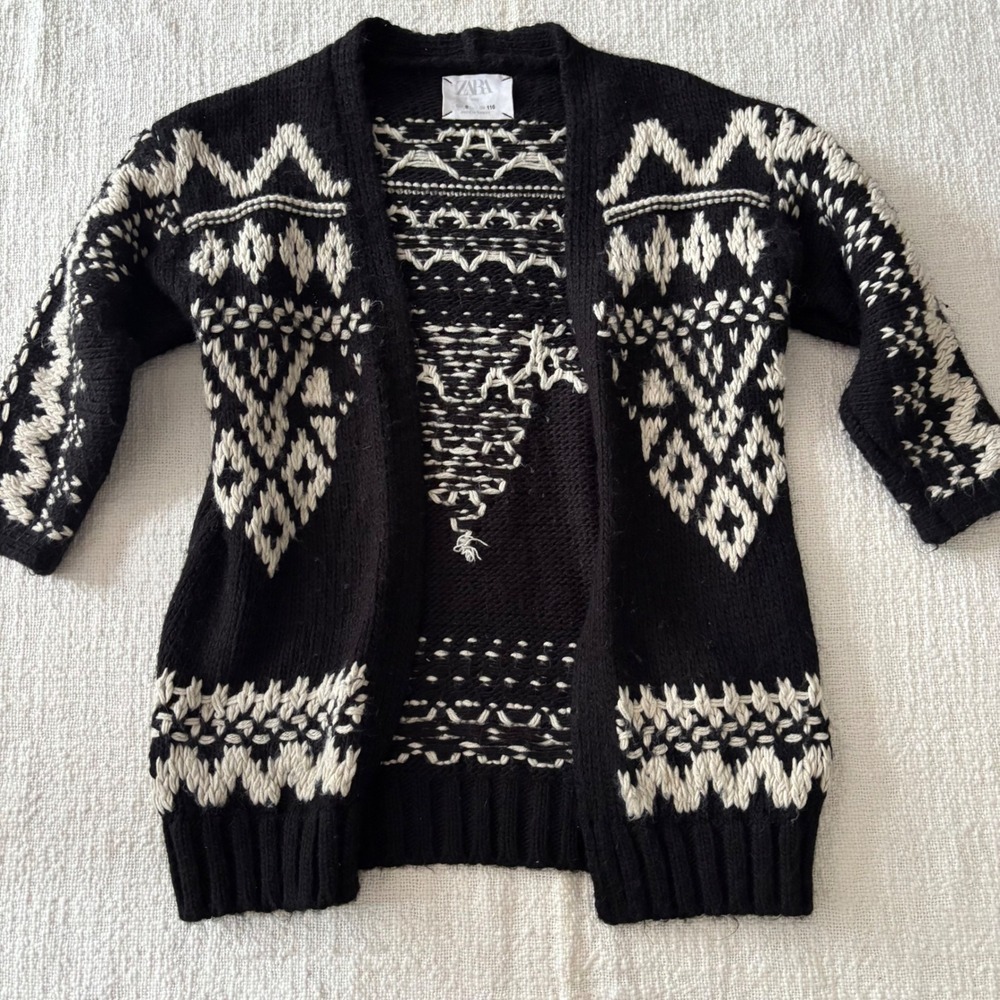 Zara Kids Black White Fair Isle Intarsia Knit Open Front Cardigan Sweater Size 6